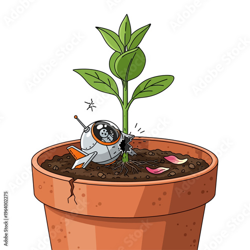 crashed spaceship with tiny astronaut in a broken potted plant disturbing soil and roots depicting an unexpected whimsical landing.