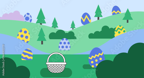 easter egg hunt flat design illustration with colorful hidden eggs and an empty basket in a vibrant spring landscape.