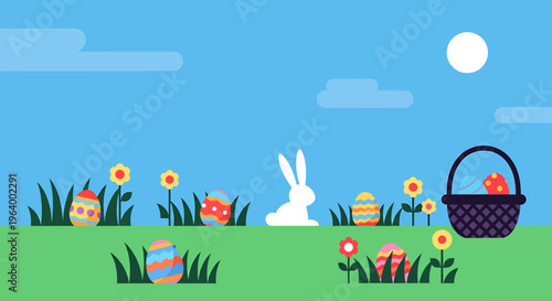 easter egg hunt with a cute white rabbit and colorful decorated eggs in a vibrant green spring field under a sunny sky.