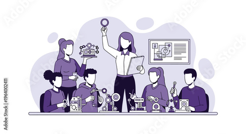 A female teacher with a magnifying glass instructs a class of students as they assemble mechanical devices at a long table in a workshop or laboratory.