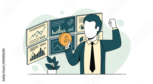 A successful businessman in a suit holds a large gold dollar coin and celebrates in front of multiple computer monitors displaying financial data charts.