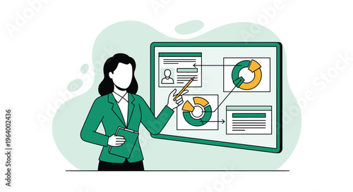 A businesswoman in a green suit stands before a whiteboard, using a pointer to explain a presentation with pie charts and user profile data.