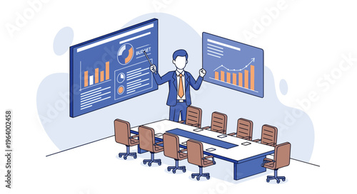 A male executive in a suit gives a business presentation on budget and growth using data charts in an empty boardroom.