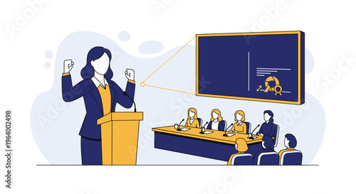 A successful businesswoman celebrates at a podium after receiving an award in front of a panel and audience at a conference.