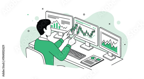 A financial analyst or stock trader sits at a multi-monitor workstation, actively analyzing various market charts and data for investment.