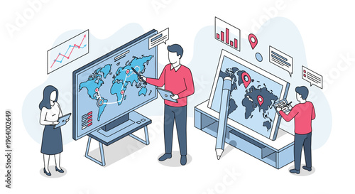 A team of analysts in an isometric command center collaborates on global logistics and market strategy using interactive maps and data screens.