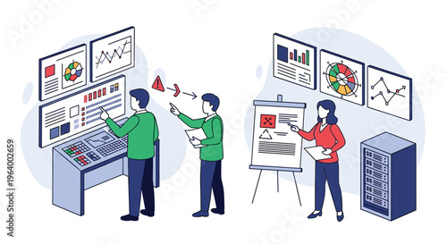 A team of IT professionals in an isometric data center monitors system alerts, analyzes risks, and manages server infrastructure.