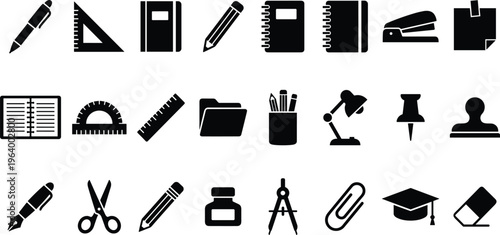 Collection of twenty-four black vector office and school supply silhouette icons including desk lamp stapler and notebooks isolated on white background for education design