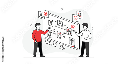 Two male colleagues collaborate on a user journey map on a large digital whiteboard, planning a workflow with various user action and decision icons.
