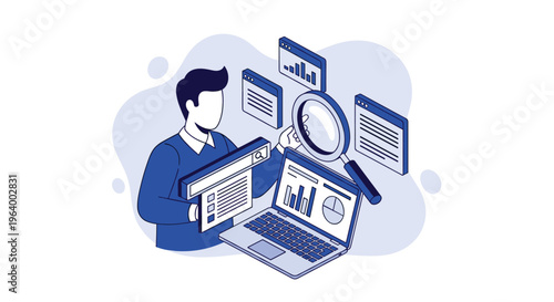 A man holds a search bar while using a laptop and a large magnifying glass to analyze data across multiple digital windows with charts and graphs.