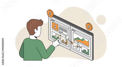 A male user in a green shirt performs A/B testing by comparing two different website user interface designs on a digital screen.