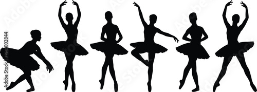 Set of six black vector silhouette female ballet dancers in classical performance poses including curtsy and resting isolated on white background for graphic design