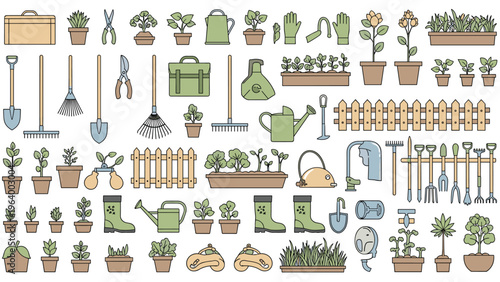 Massive collection of gardening tools, potted plants, fences, watering cans, and boots for comprehensive garden design and planning.