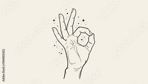 Minimalist line art illustration of human hand making okay gesture surrounded by magical stars on a beige background.