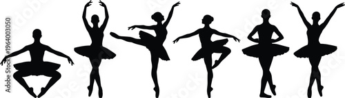 Set of six black vector silhouette female ballet dancers in various classical poses isolated on white background for dance studio graphic design