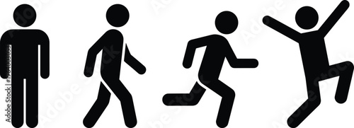 Set of four black vector stick figure pictograms showing a sequence of human movement from standing to walking running and jumping isolated on white background