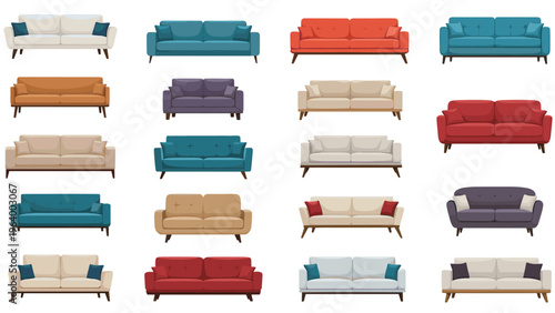 Comprehensive collection of modern sofa designs in different colors and styles arranged in neat grid on white background.