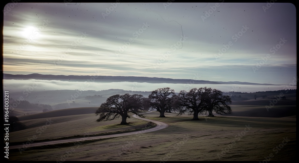 Obraz premium Mist drifts through distant valleys as a pale winter sun rises over rolling hills, a winding track curving past three ancient oaks, capturing the quiet poetry of dawn in a lonely countryside wrapped i