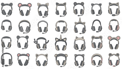 Large set of various gaming headphones and headsets with microphones in different colors and animal ear styles.