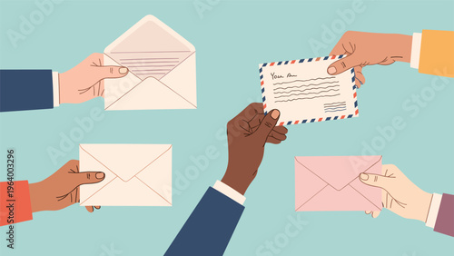 Diverse group of human hands in different skin tones holding various types of letters and envelopes on blue background.