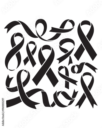 A collection of black awareness ribbons displayed in various artistic and stylized arrangements