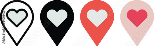 Location pin with heart icon. A simple love marker for maps and favorite places navigation symbol. Emotional geotag for romantic spots in apps sign. Clean heart location concept pictogram.