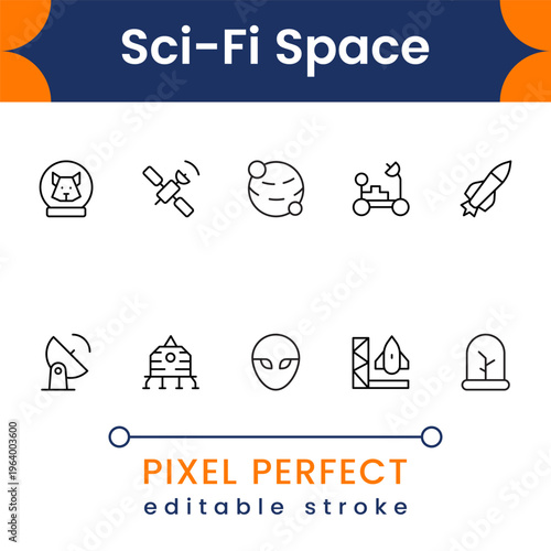 Futuristic sci fi space icon pack featuring astronaut, rocket launch, galaxy and cosmic technology symbols clean vector set