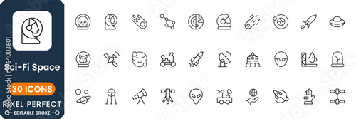 Sci fi space icon set with galaxy, astronaut, rocket and futuristic technology symbols modern outline vector collection