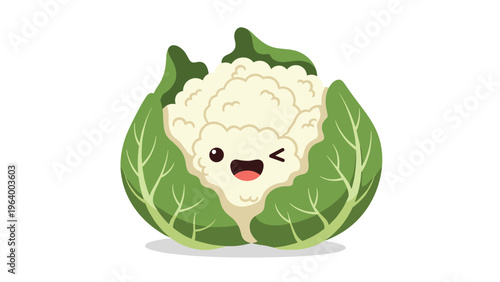 Adorable cartoon cauliflower character with happy winking face and green leaves isolated on white background for kids.