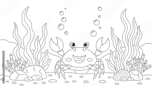 Underwater scene coloring page for children featuring a happy cartoon crab surrounded by ocean plants, coral, and air bubbles.