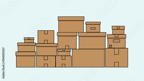 Large stack of brown cardboard shipping boxes of different sizes prepared for moving house or warehouse logistics and delivery service.
