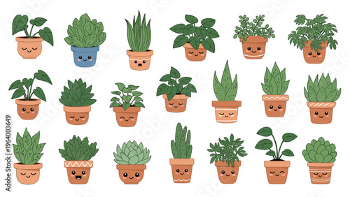 Cute collection of diverse potted indoor plants with smiling faces in a grid layout for cheerful home gardening and nursery decor.