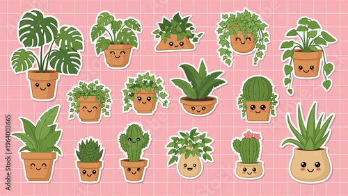 Set of adorable plant stickers with happy faces and white borders displayed on a pink grid background for planners and scrapbooking.