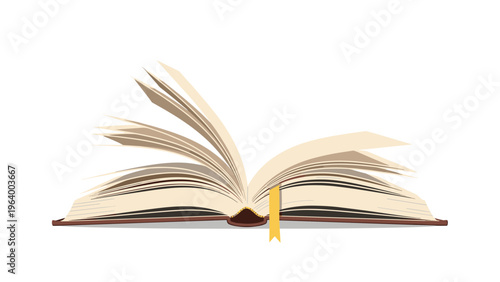 Open book with pages turning and a yellow ribbon bookmark depicting literature, education, and the immersive experience of reading stories.