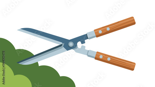 Pair of garden shears with wooden handles positioned to trim a green hedge illustrating landscaping maintenance and yard work activities.