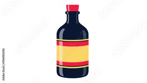 Vintage style dark blue glass bottle with a bright yellow label and red cork stopper for potion, medicine, or beverage packaging design.