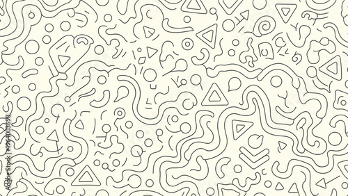 Seamless abstract background pattern featuring hand-drawn doodles of lines, shapes, circles, and triangles for creative surface design.