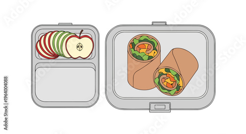 Vector Illustration of a Healthy Packed Lunch with Fresh Sliced Apples and Delicious Vegetable Wraps in Modern Lunch Boxes