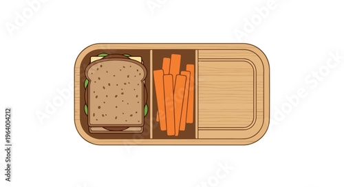 Healthy Bento Box Lunch with Sandwich and Carrot Sticks, Top View, Isolated on White Background