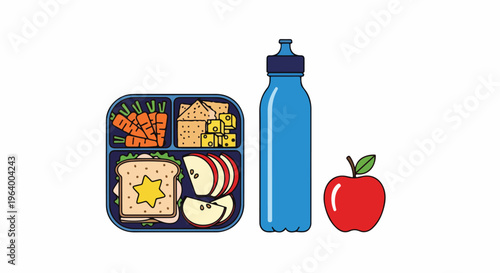 Healthy school lunchbox with sandwich, fruits, vegetables, and a water bottle, isolated on white background