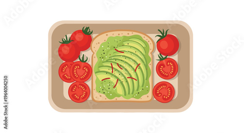Healthy avocado toast with sliced tomatoes and chili flakes on a white bread slice, presented on a tray