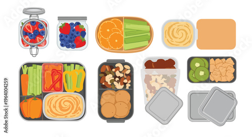 Healthy Lunchbox Ideas: Fresh Fruits, Vegetables, Snacks, and Dips in Containers