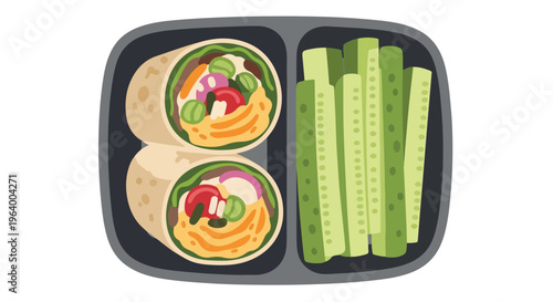 Healthy vegetarian wrap and cucumber sticks in a lunchbox, perfect for school or work meals, top view illustration