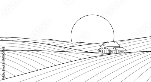 Simple Line Drawing of Farmhouse Landscape.