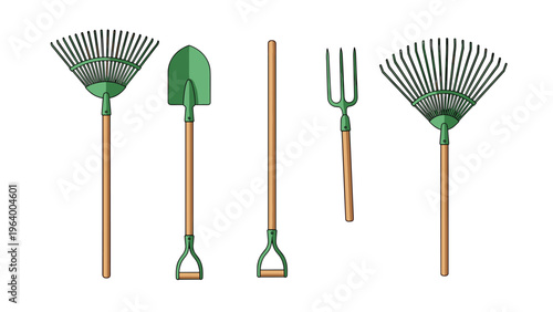 Collection of various garden tools including leaf rakes, shovel, and pitchfork isolated on a plain white background.