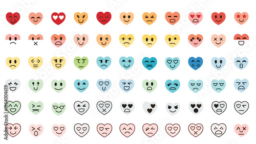 Diverse collection of colorful heart-shaped emoji icons featuring a wide range of facial expressions and emotions.