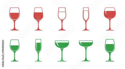 Stylish icon set of wine glasses in a variety of shapes and vivid colors.