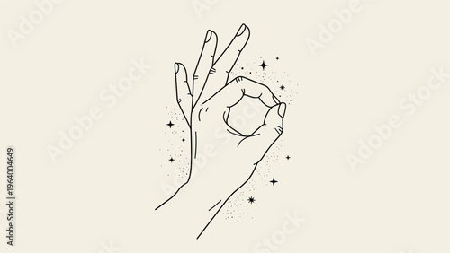 Spiritual line art illustration of a human hand making an ok gesture surrounded by mystical stars and cosmic dust.
