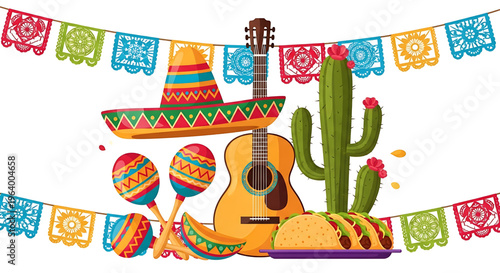 Mexican Fiesta Celebration with Sombrero, Guitar, Maracas, Tacos, and Cactus Decorations