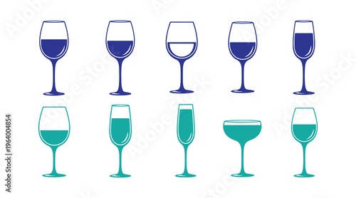 A diverse icon pack of wine glasses designed in multiple colors and styles.